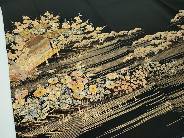 平和屋着物●極上　金彩友禅　卓越技能者・名工・和田光正　黒留袖　草花風景文　金彩　逸品　CZAA3589s5