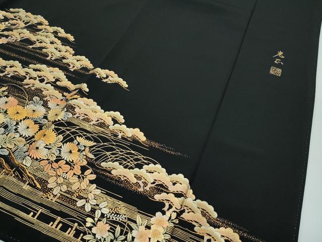 平和屋着物●極上　金彩友禅　卓越技能者・名工・和田光正　黒留袖　草花風景文　金彩　逸品　CZAA3589s5