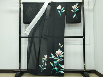 平和屋着物■極上　夏物　訪問着　絽　草花文　黒地　逸品　未使用　CZAA3638s5