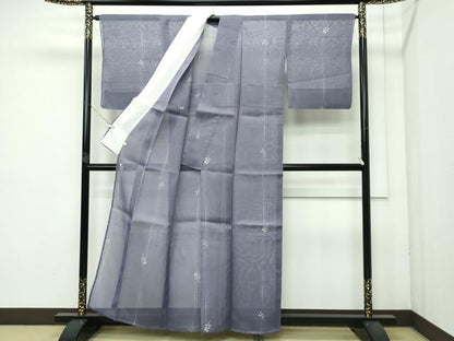 平和屋着物＊極上 夏物 絹芭蕉 夏芭蕉 伝統工芸士 白川貞夫 草花文 紫鼠色地 十日町白新染織謹製 証紙付き 逸品 CZAA3639s5