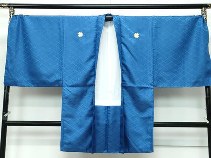 平和屋着物■極上 男性 色無地 紋付き羽織セット キングサイズ 御召御納戸色地 花菱地紋 舞台衣装 洗える着物 逸品 CZAA3644s5