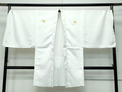 平和屋着物■極上 男性 色無地 紋付き羽織セット キングサイズ 白地 花菱地紋 舞台衣装 洗える着物 逸品 CZAA3651s5