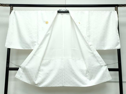 平和屋着物■極上 男性 色無地 紋付き羽織セット キングサイズ 白地 花菱地紋 舞台衣装 洗える着物 逸品 CZAA3651s5