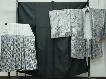 平和屋着物■極上 男性 色無地 紋付き羽織・行灯袴セット キングサイズ 黒地 市松地紋 舞台衣装 洗える着物 逸品 CZAA3652s5