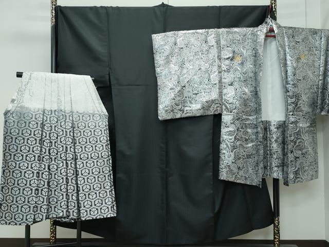 平和屋着物■極上 男性 色無地 紋付き羽織・行灯袴セット キングサイズ 黒地 市松地紋 舞台衣装 洗える着物 逸品 CZAA3652s5