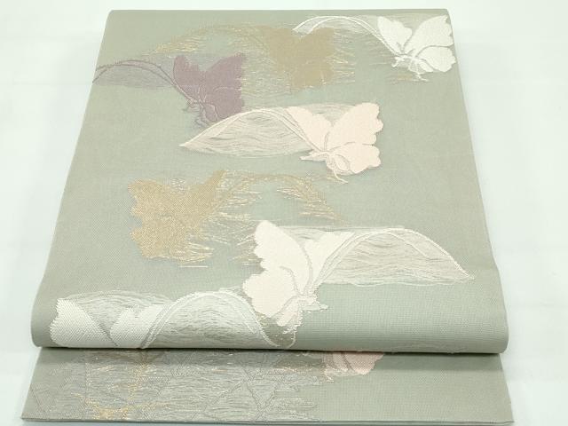 平和屋着物＊極上 夏物 西陣 河合美術織物謹製 六通柄 本袋帯 紗 舞蝶文 金糸 鶸茶色地 逸品 CZAA3677s5