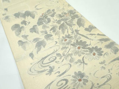 平和屋着物＊極上 夏物 西陣 岡文織物謹製 六通柄袋帯 草花文 ブロンド色地 逸品 CZAA3678s5