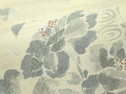 平和屋着物＊極上 夏物 西陣 岡文織物謹製 六通柄袋帯 草花文 ブロンド色地 逸品 CZAA3678s5