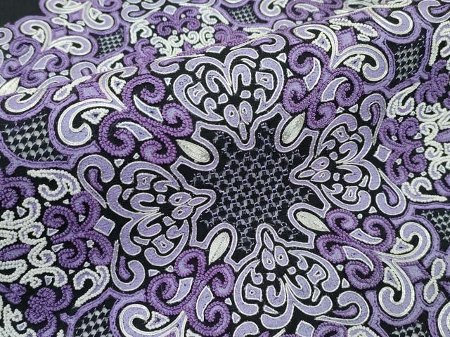 平和屋着物■極上　スリーシーズン　春夏秋　太鼓柄袋帯　駒刺繍　中国三大刺繍　スワトウ相良刺繍　更紗唐草文　黒地　逸品　CZAA3683s5