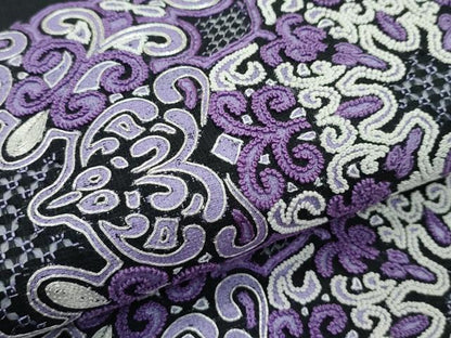 平和屋着物■極上　スリーシーズン　春夏秋　太鼓柄袋帯　駒刺繍　中国三大刺繍　スワトウ相良刺繍　更紗唐草文　黒地　逸品　CZAA3683s5