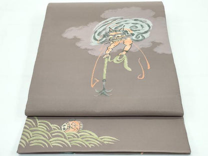 平和屋着物●極上 太鼓柄袋帯 綴れ 大津絵十種 雷公の太鼓釣 鬼 空五倍子色地 逸品 CZAA3685s5