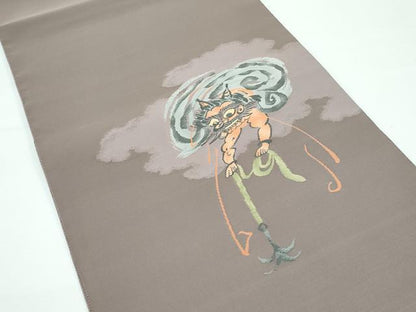 平和屋着物●極上 太鼓柄袋帯 綴れ 大津絵十種 雷公の太鼓釣 鬼 空五倍子色地 逸品 CZAA3685s5