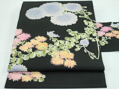 平和屋着物●極上 九寸名古屋帯 友禅 草花文 黒地 鬼しぼ縮緬 逸品 CZAA3697s5