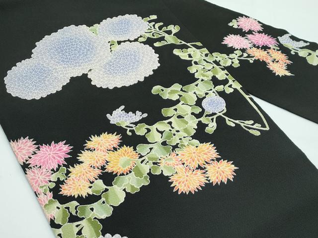 平和屋着物●極上 九寸名古屋帯 友禅 草花文 黒地 鬼しぼ縮緬 逸品 CZAA3697s5