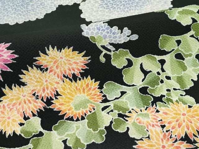 平和屋着物●極上 九寸名古屋帯 友禅 草花文 黒地 鬼しぼ縮緬 逸品 CZAA3697s5