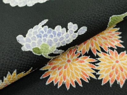 平和屋着物●極上 九寸名古屋帯 友禅 草花文 黒地 鬼しぼ縮緬 逸品 CZAA3697s5