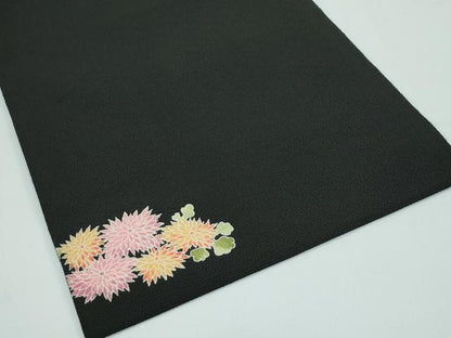 平和屋着物●極上 九寸名古屋帯 友禅 草花文 黒地 鬼しぼ縮緬 逸品 CZAA3697s5