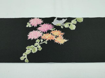 平和屋着物●極上 九寸名古屋帯 友禅 草花文 黒地 鬼しぼ縮緬 逸品 CZAA3697s5
