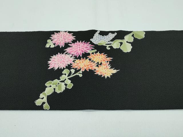 平和屋着物●極上 九寸名古屋帯 友禅 草花文 黒地 鬼しぼ縮緬 逸品 CZAA3697s5
