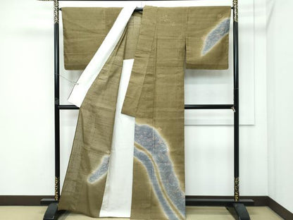 平和屋着物▽極上 染織の名門 しょうざん 生紬 訪問着 単衣 草花文 国防色地 反端付き 逸品 未使用 CZAA3722s5