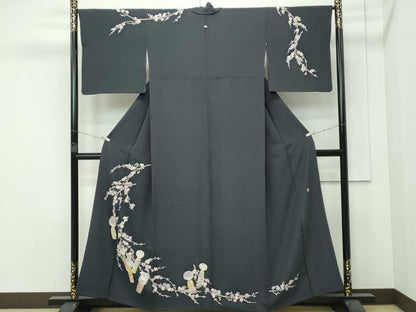 平和屋着物●極上　本加賀友禅作家　志田弘子　訪問着　こけし　枝花文　墨色地　逸品　CZAA5025s5