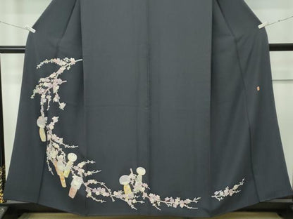 平和屋着物●極上　本加賀友禅作家　志田弘子　訪問着　こけし　枝花文　墨色地　逸品　CZAA5025s5