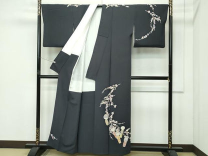 平和屋着物●極上　本加賀友禅作家　志田弘子　訪問着　こけし　枝花文　墨色地　逸品　CZAA5025s5