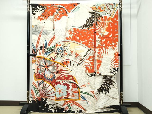 平和屋本店＊希少 夏物 アンティーク 大正ロマン 振袖 絽袷 絽×絽 扇面飛鶴花文 金銀彩 逸品 CZAA3754s5