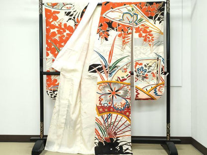 平和屋本店＊希少 夏物 アンティーク 大正ロマン 振袖 絽袷 絽×絽 扇面飛鶴花文 金銀彩 逸品 CZAA3754s5