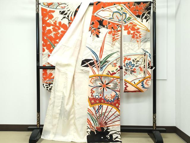 平和屋本店＊希少 夏物 アンティーク 大正ロマン 振袖 絽袷 絽×絽 扇面飛鶴花文 金銀彩 逸品 CZAA3754s5