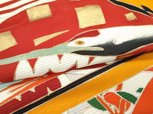 平和屋本店＊希少 夏物 アンティーク 大正ロマン 振袖 絽袷 絽×絽 扇面飛鶴花文 金銀彩 逸品 CZAA3754s5