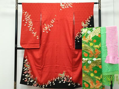 平和屋本店∵極上 女の子 十三参り 子供 祝着・袋帯・しごき・帯揚げセット 総絞り 駒刺繍 舞蝶文 暈し染め 金彩 逸品 CZAA3765s5