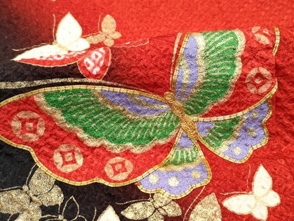 平和屋本店∵極上 女の子 十三参り 子供 祝着・袋帯・しごき・帯揚げセット 総絞り 駒刺繍 舞蝶文 暈し染め 金彩 逸品 CZAA3765s5