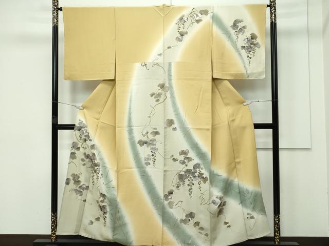 平和屋着物▽極上 訪問着 単衣 蔦の葉文 暈し染め 金銀彩 桑染色地 逸品 未使用 CZAA3776s5