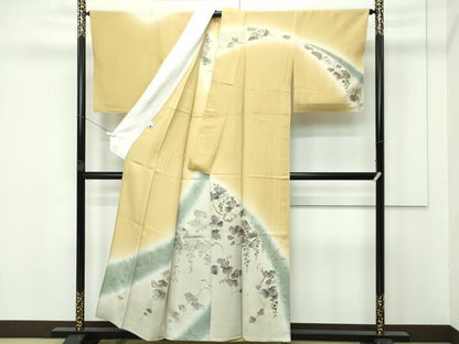 平和屋着物▽極上 訪問着 単衣 蔦の葉文 暈し染め 金銀彩 桑染色地 逸品 未使用 CZAA3776s5