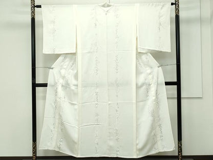 平和屋着物▽極上 小紋 単衣 総刺繍 秋草文 銀糸 砂色地 逸品 CZAA3796s5
