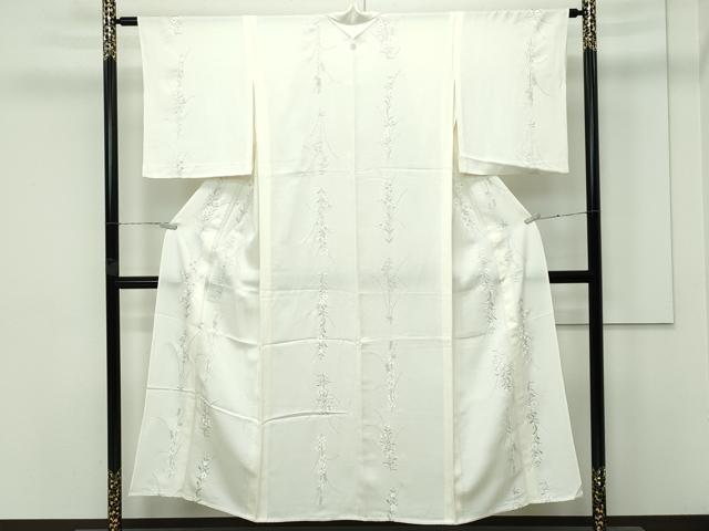 平和屋着物▽極上 小紋 単衣 総刺繍 秋草文 銀糸 砂色地 逸品 CZAA3796s5