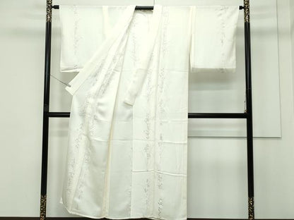 平和屋着物▽極上 小紋 単衣 総刺繍 秋草文 銀糸 砂色地 逸品 CZAA3796s5