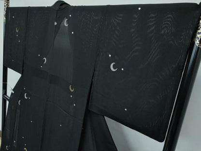 平和屋着物＊極上 夏物 小紋 縦絽 総刺繍 月 星 黒地 やまと誂製 逸品 CZAA3810s5