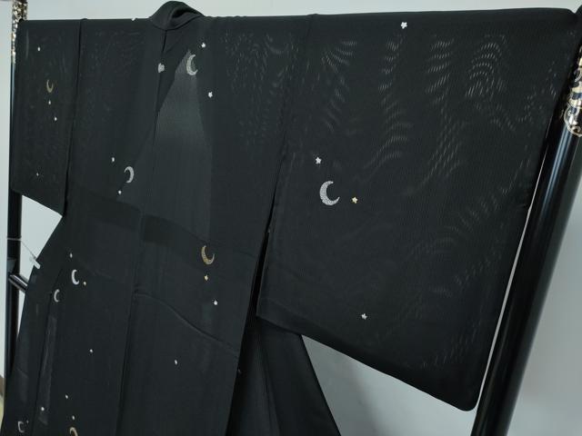 平和屋着物＊極上 夏物 小紋 縦絽 総刺繍 月 星 黒地 やまと誂製 逸品 CZAA3810s5