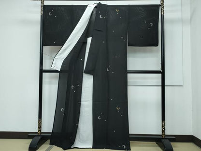 平和屋着物＊極上 夏物 小紋 縦絽 総刺繍 月 星 黒地 やまと誂製 逸品 CZAA3810s5