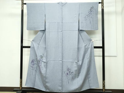 平和屋着物▽極上 訪問着 単衣 手描き 藤花房 銀彩 フォッグ色地 逸品 CZAA3811s5