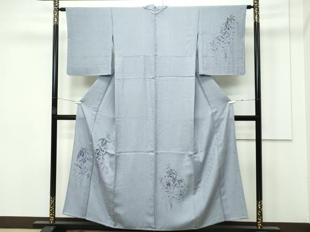 平和屋着物▽極上 訪問着 単衣 手描き 藤花房 銀彩 フォッグ色地 逸品 CZAA3811s5