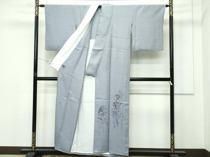 平和屋着物▽極上 訪問着 単衣 手描き 藤花房 銀彩 フォッグ色地 逸品 CZAA3811s5