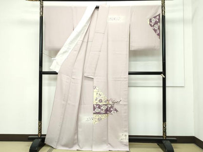 平和屋着物▽極上 訪問着 単衣 貝紫 鳳凰花唐草文 暈し染め 金彩 灰梅色地 逸品 CZAA3825s5