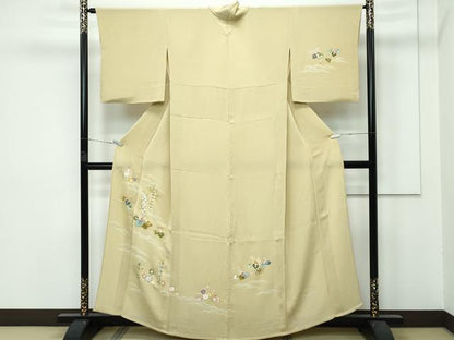 平和屋本店▽極上 訪問着 単衣 刺繍 立波桐吉祥文 金彩 鬼しぼ縮緬 木蘭色地 逸品 CZAA3829s5