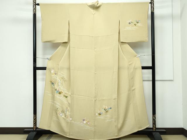 平和屋本店▽極上 訪問着 単衣 刺繍 立波桐吉祥文 金彩 鬼しぼ縮緬 木蘭色地 逸品 CZAA3829s5