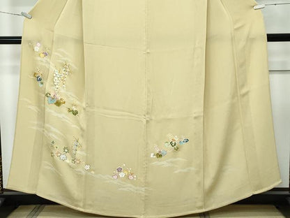 平和屋本店▽極上 訪問着 単衣 刺繍 立波桐吉祥文 金彩 鬼しぼ縮緬 木蘭色地 逸品 CZAA3829s5