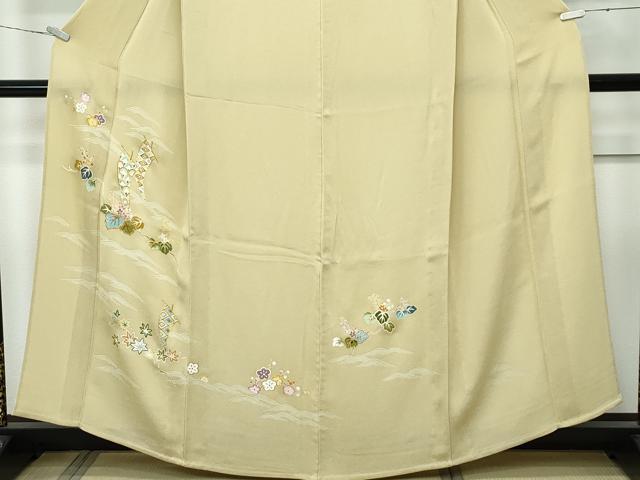 平和屋本店▽極上 訪問着 単衣 刺繍 立波桐吉祥文 金彩 鬼しぼ縮緬 木蘭色地 逸品 CZAA3829s5