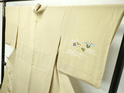 平和屋本店▽極上 訪問着 単衣 刺繍 立波桐吉祥文 金彩 鬼しぼ縮緬 木蘭色地 逸品 CZAA3829s5